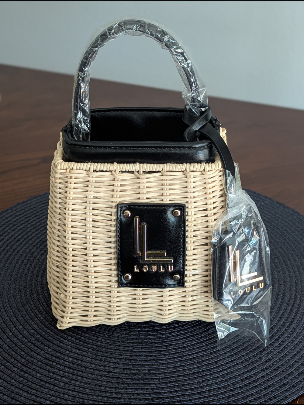 Loulou Beige Wicker Mini Tote with Black Trim. New.